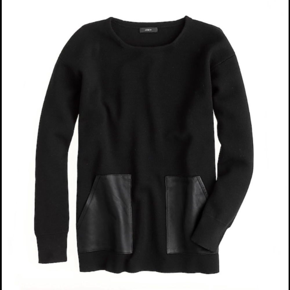 J.Crew 100% Merino Wool Leather Pocket Tunic Sweater Black Longline Style 02624 - Picture 2 of 16